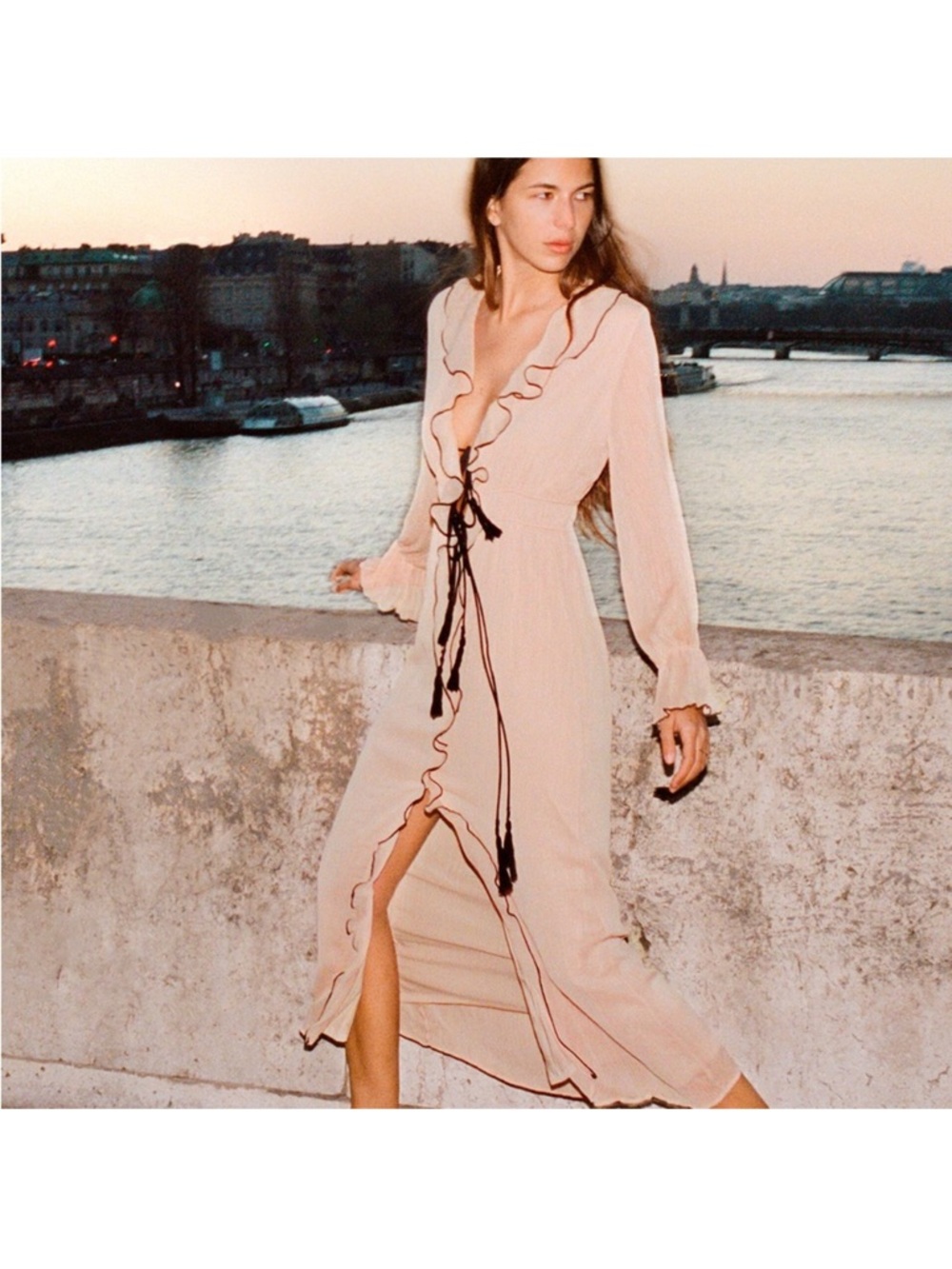 Zara Blush Pink Ruffle-Trim Midi Dress fully lined
